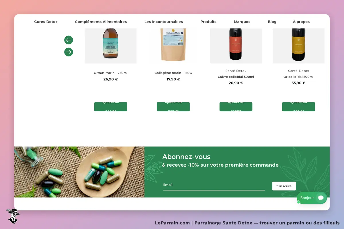 Sante Detox : page d'accueil avec produits, abonnement et visuel de compléments alimentaires