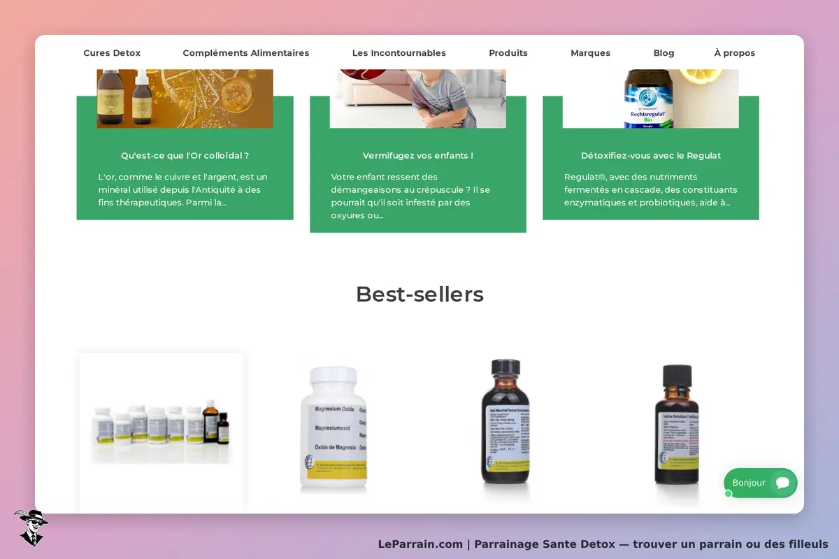 Sante Detox : page d'accueil avec sections sur les produits et best-sellers affichés