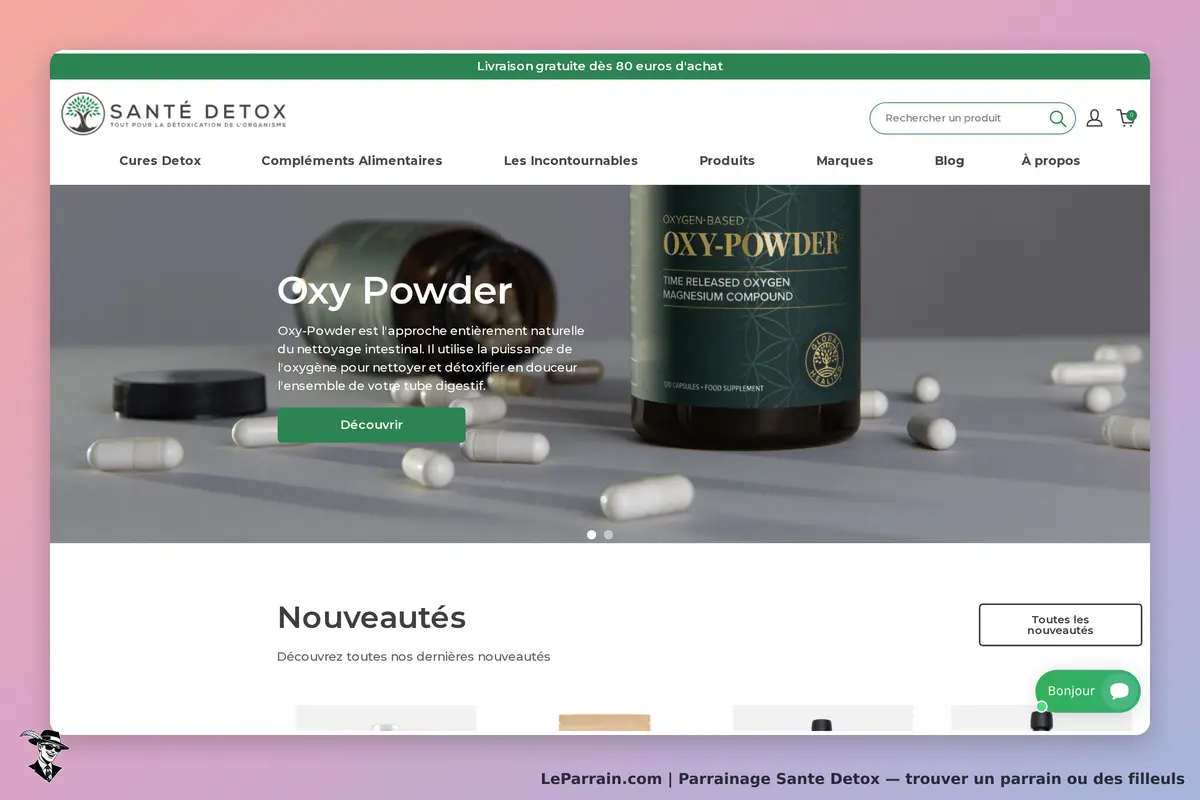 Sante Detox : santé Detox : page d'accueil présentant le produit Oxy-Powder et des capsules