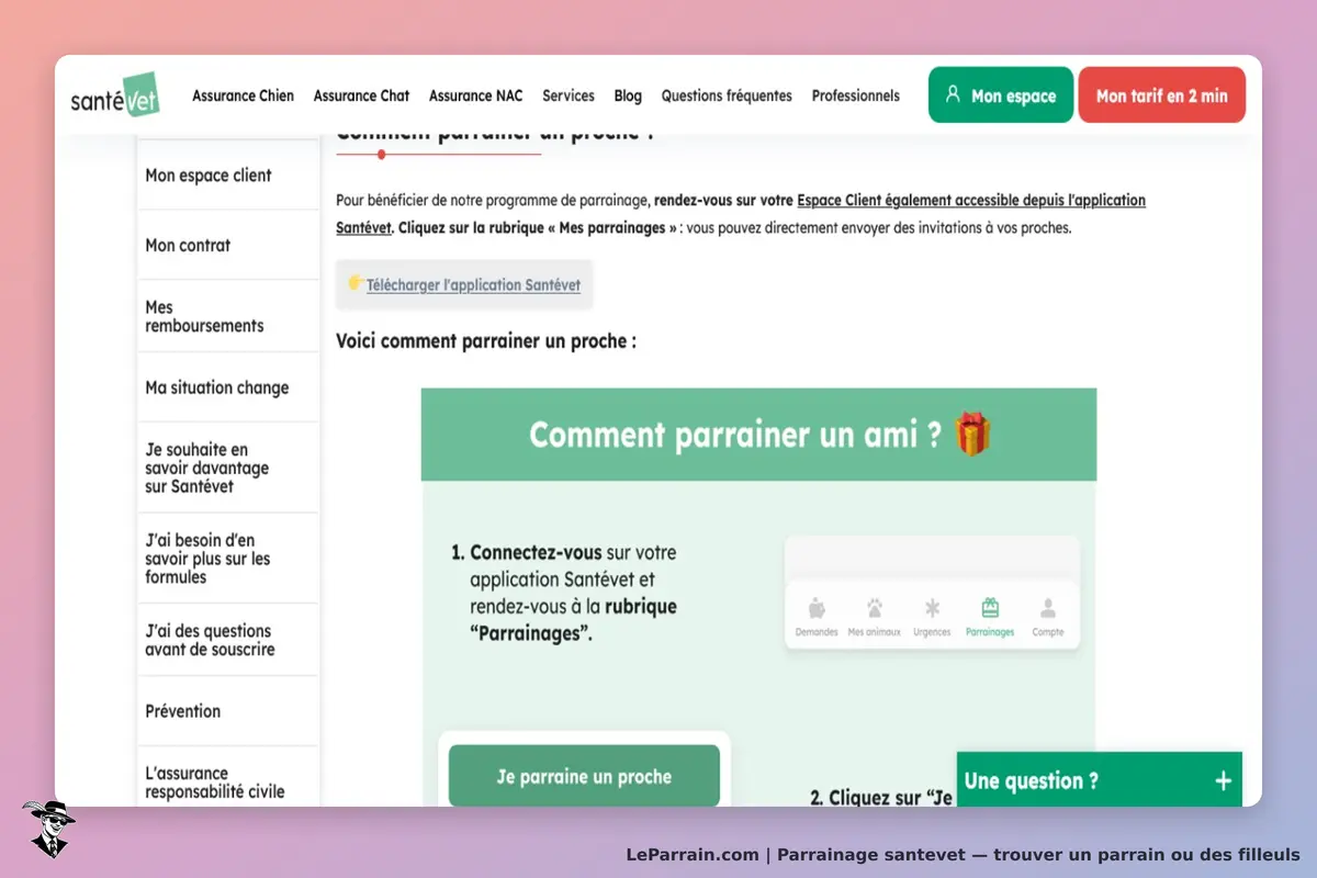 santevet : santévet : instructions pour parrainer un ami sur le site avec étapes et boutons