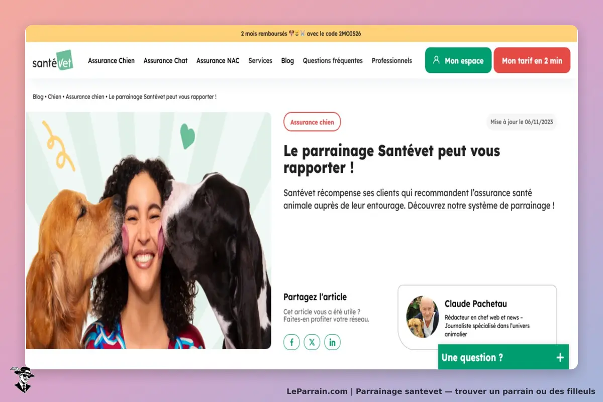 santevet : page d'accueil avec une femme souriante entourée de deux chiens, informations sur le
