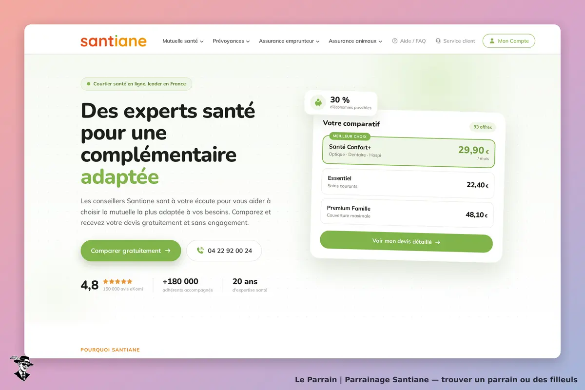 Santiane : page d'accueil avec présentation des services et comparatif de complémentaires santé