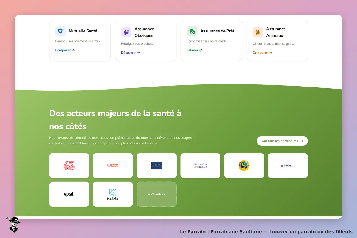 Santiane : page d'accueil avec options d'assurances et logos de partenaires