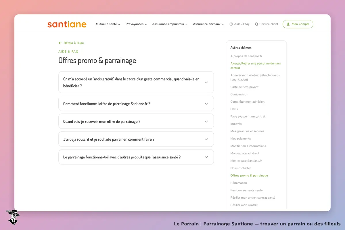 Santiane : page d'aide sur les offres de parrainage avec questions fréquentes affichées