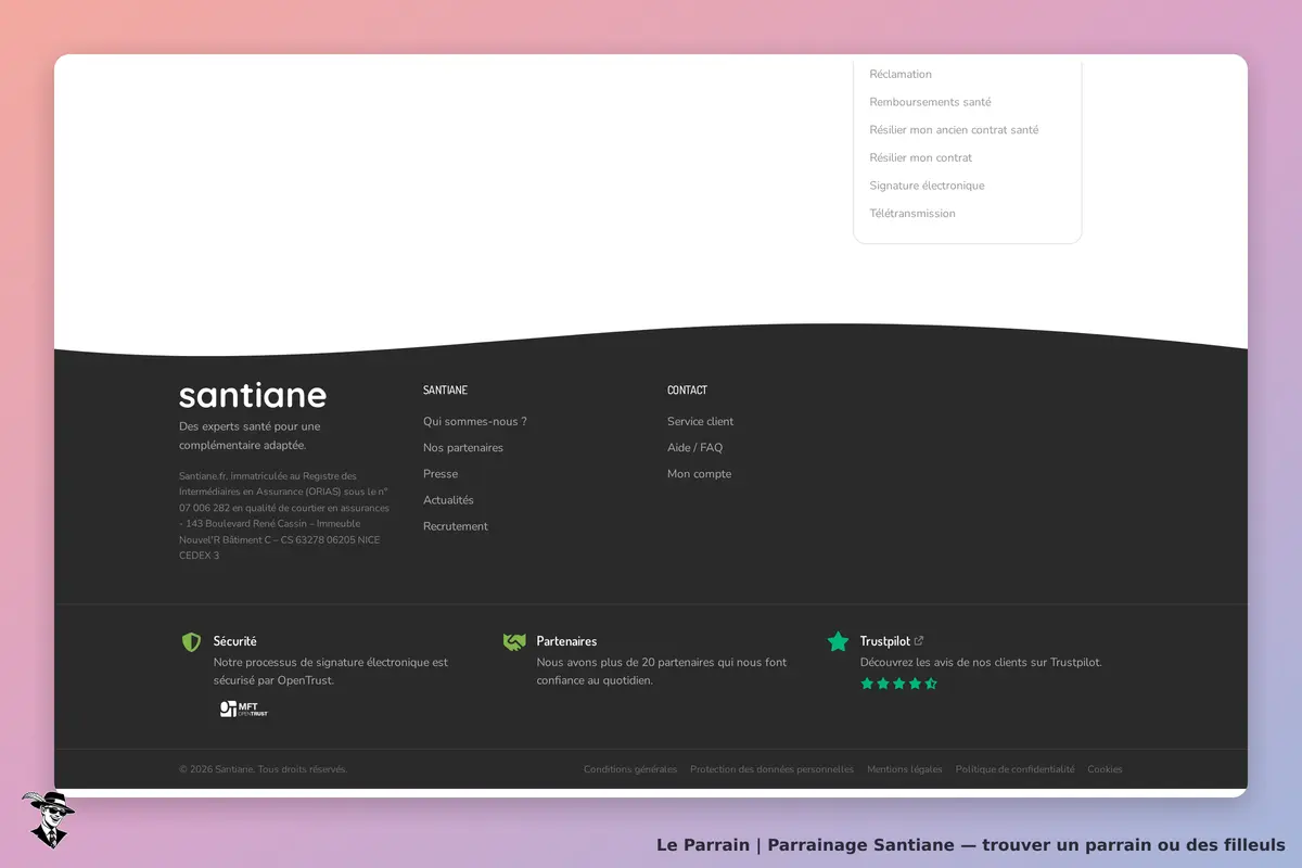 Santiane : pied de page avec liens vers services, partenaires et mentions légales
