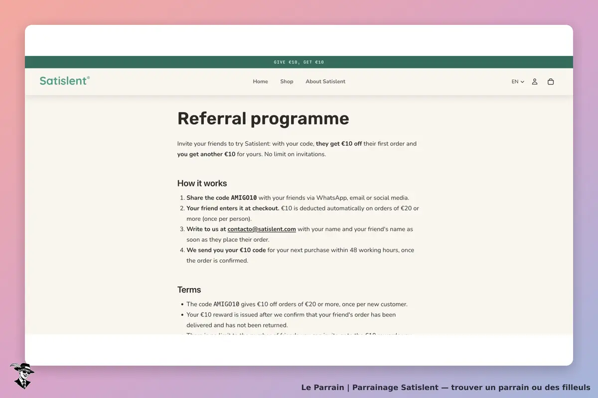Page officielle Satislent : 10 € de réduction pour chaque participant, première commande du nouveau client dès 20 €, demande manuelle de la récompense parrain par email après la commande.