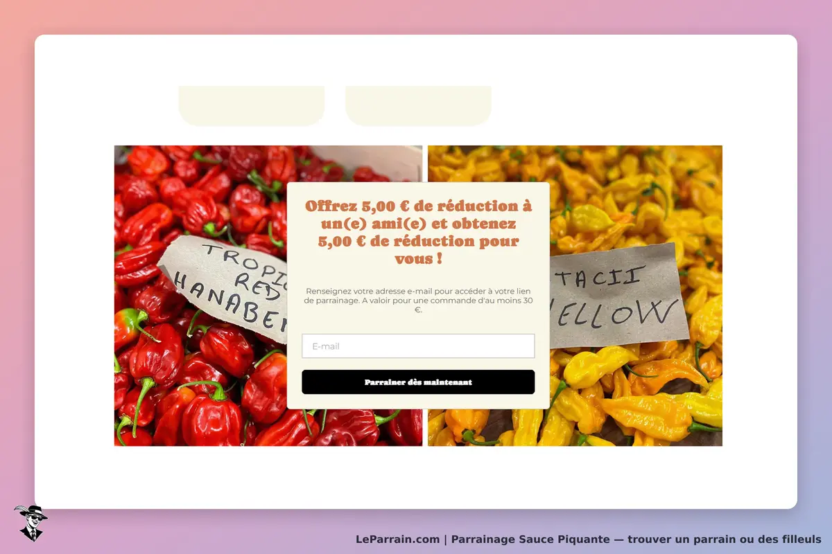Sauce Piquante : piments rouges et jaunes avec un formulaire de parrainage au centre de l'écran
