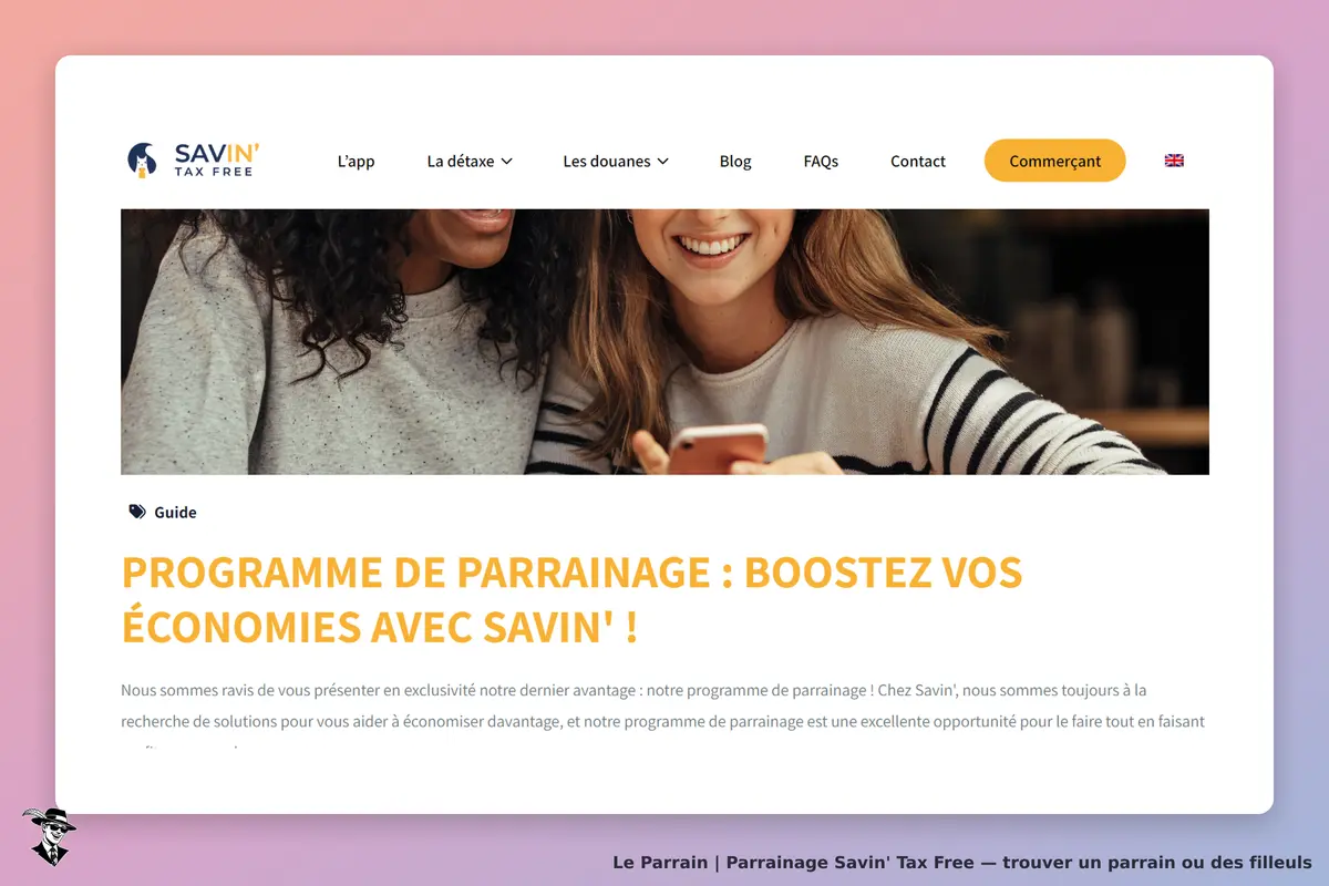 Savin' Tax Free : page d'accueil présentant le programme de parrainage avec deux femmes souriantes