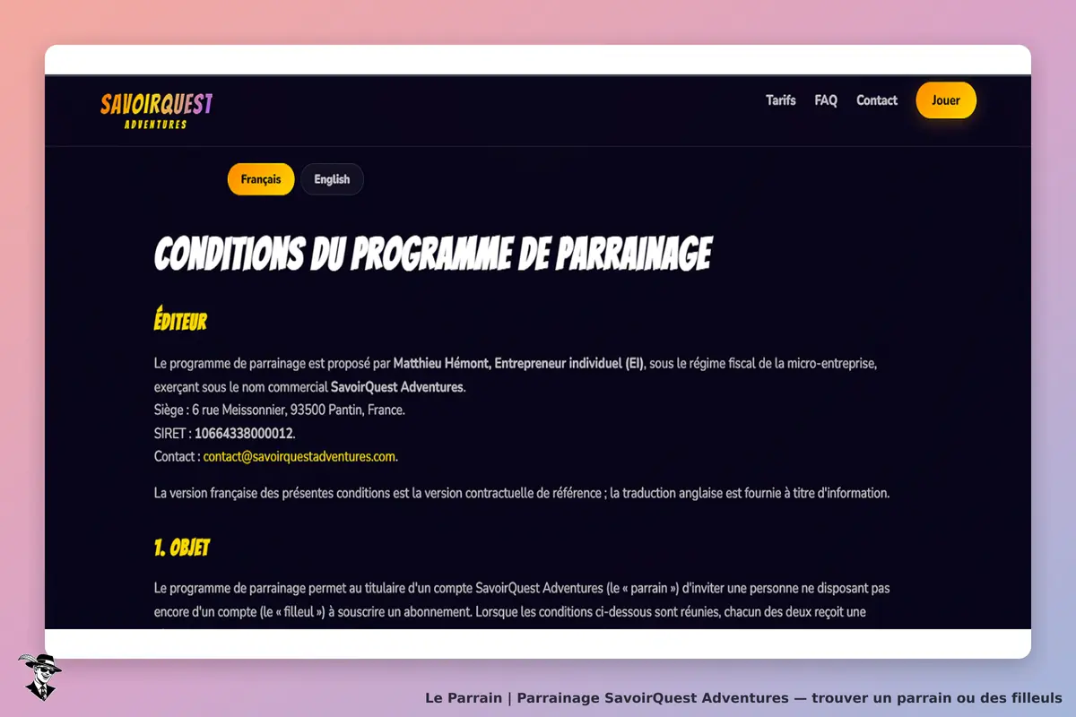 SavoirQuest Adventures : conditions du programme de parrainage avec informations sur l'éditeur