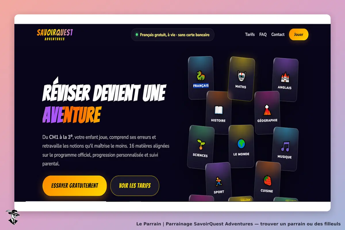 SavoirQuest Adventures : page d'accueil avec titre accrocheur et icônes de matières scolaires