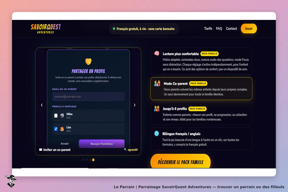 SavoirQuest Adventures : formulaire pour partager un profil avec options de co-parent et d'accès