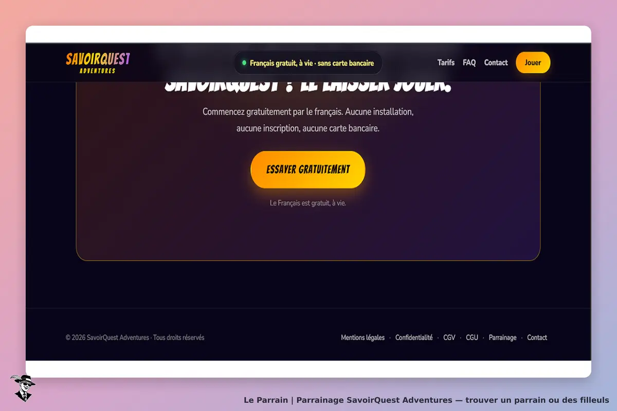 SavoirQuest Adventures : page d'accueil avec bouton "Essayer gratuitement" et texte explicatif