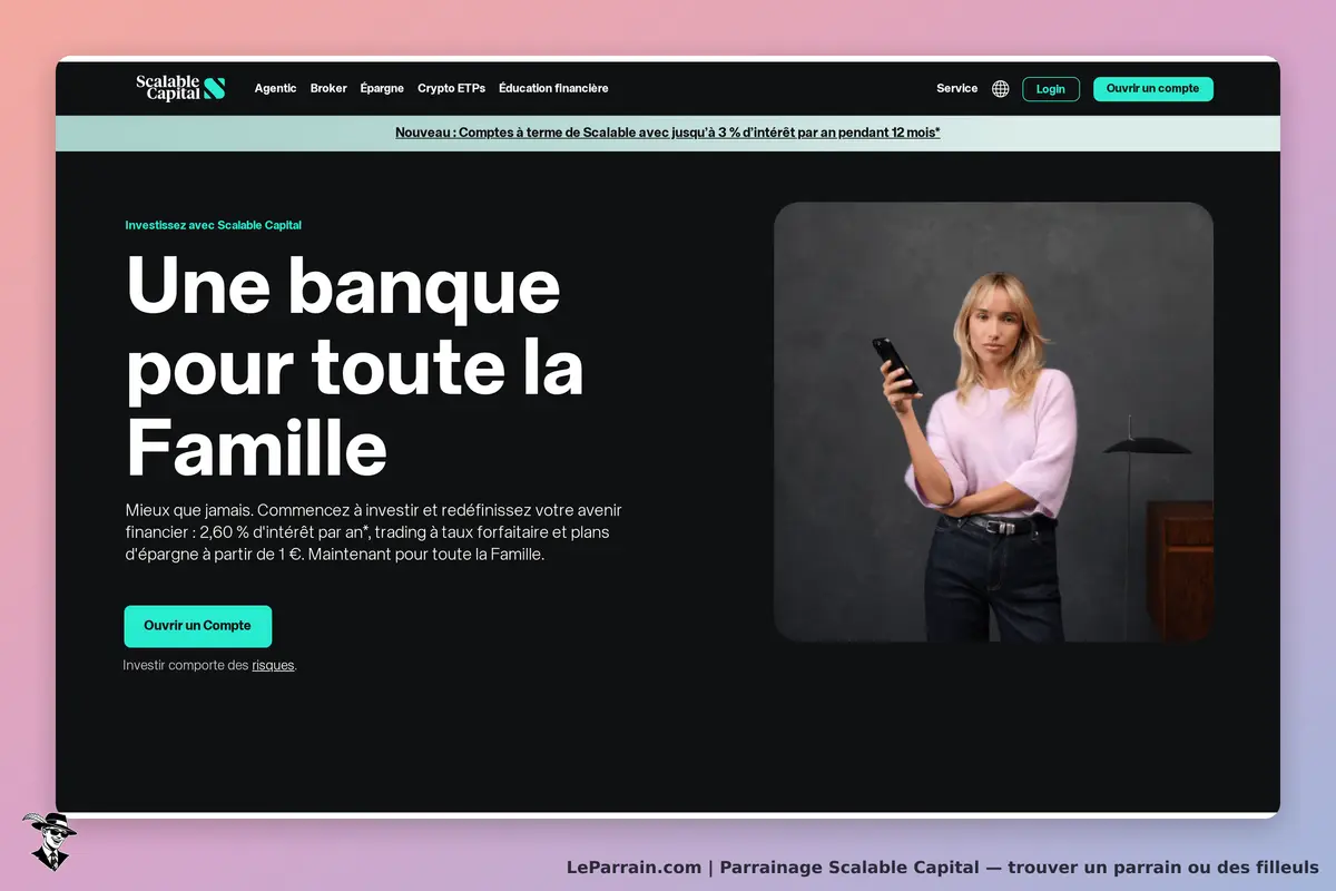 Scalable Capital : page d'accueil avec un message sur l'investissement et une femme tenant un