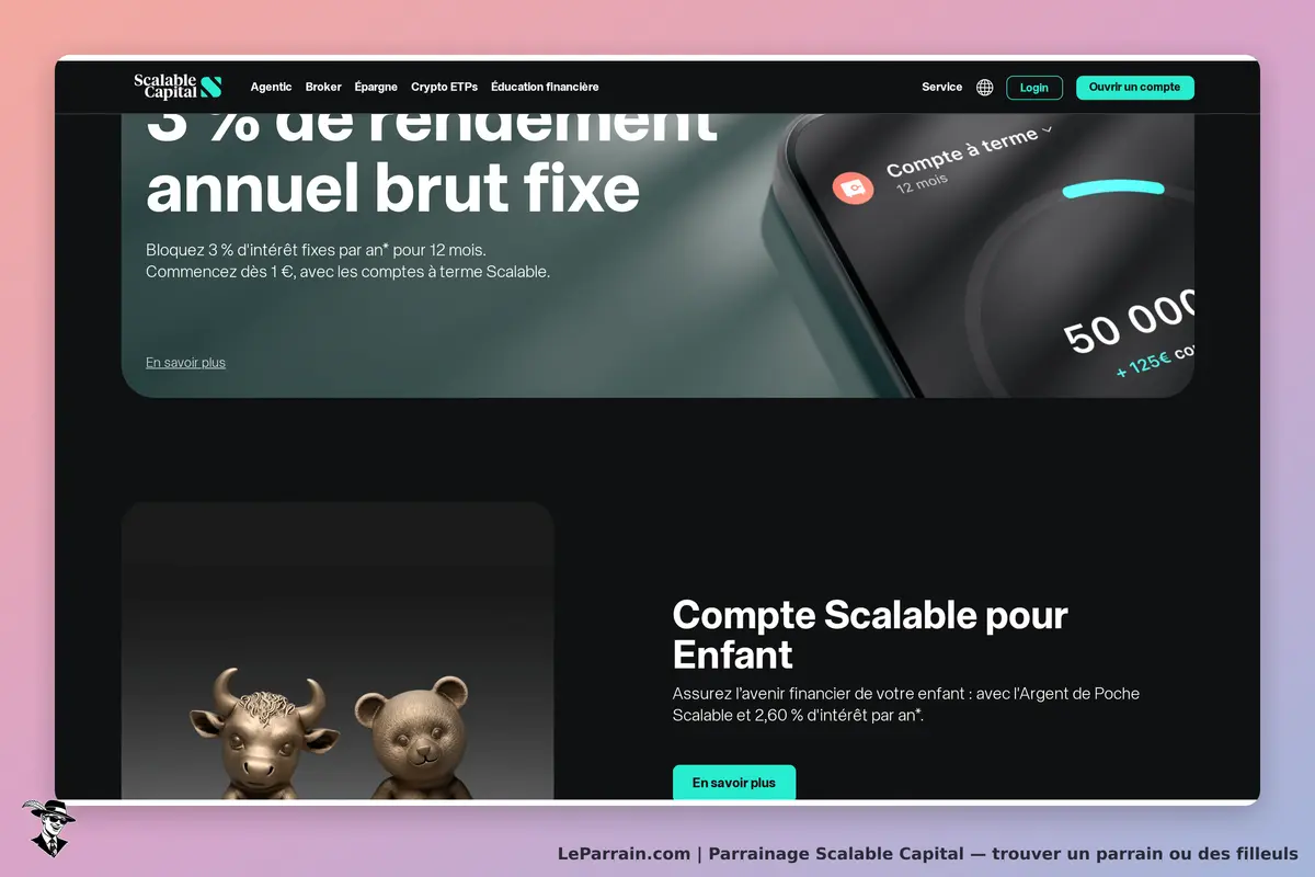 Scalable Capital : page d'accueil avec un compte à terme et des figurines en bronze
