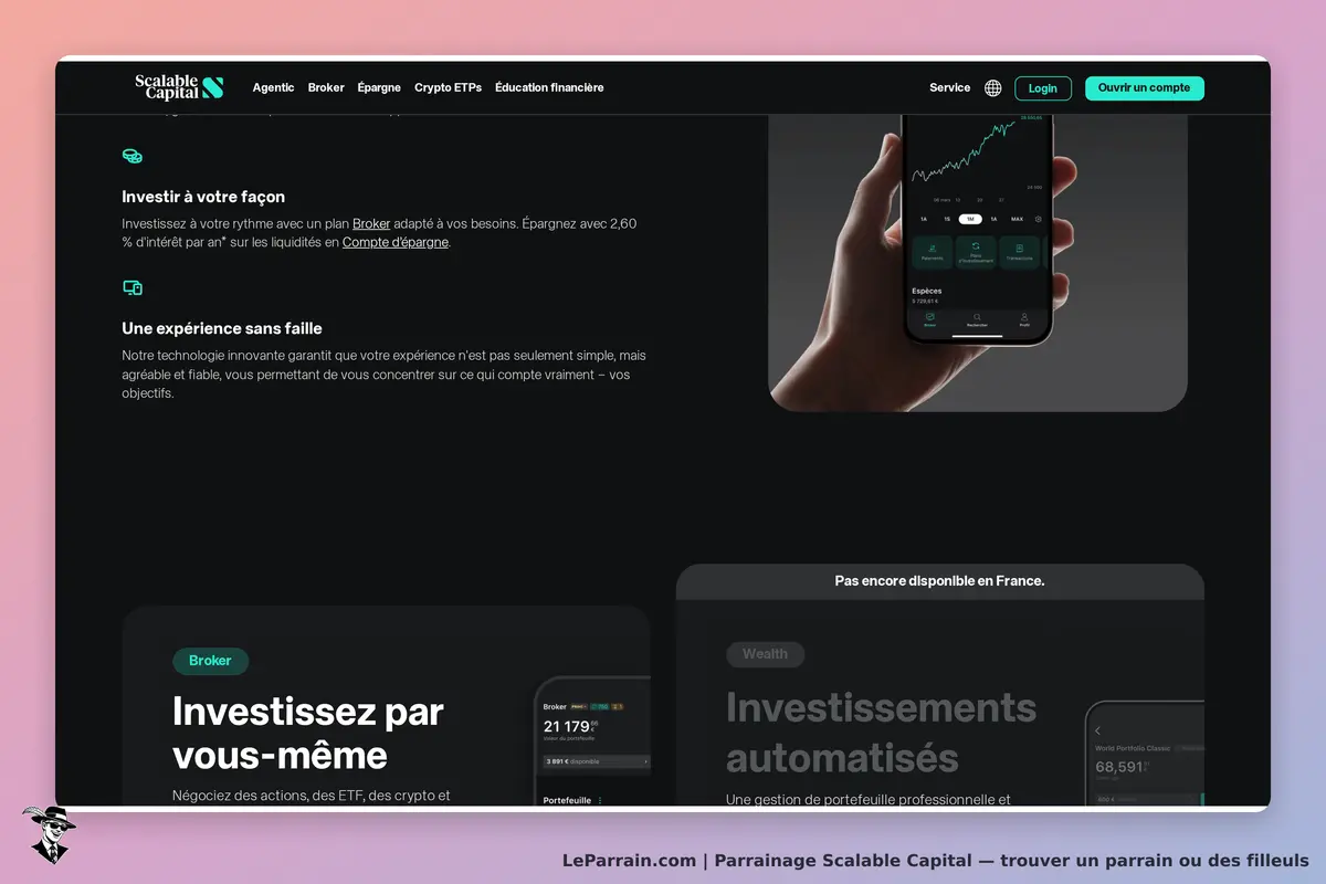 Scalable Capital : page d'accueil présentant des services d'investissement et un smartphone