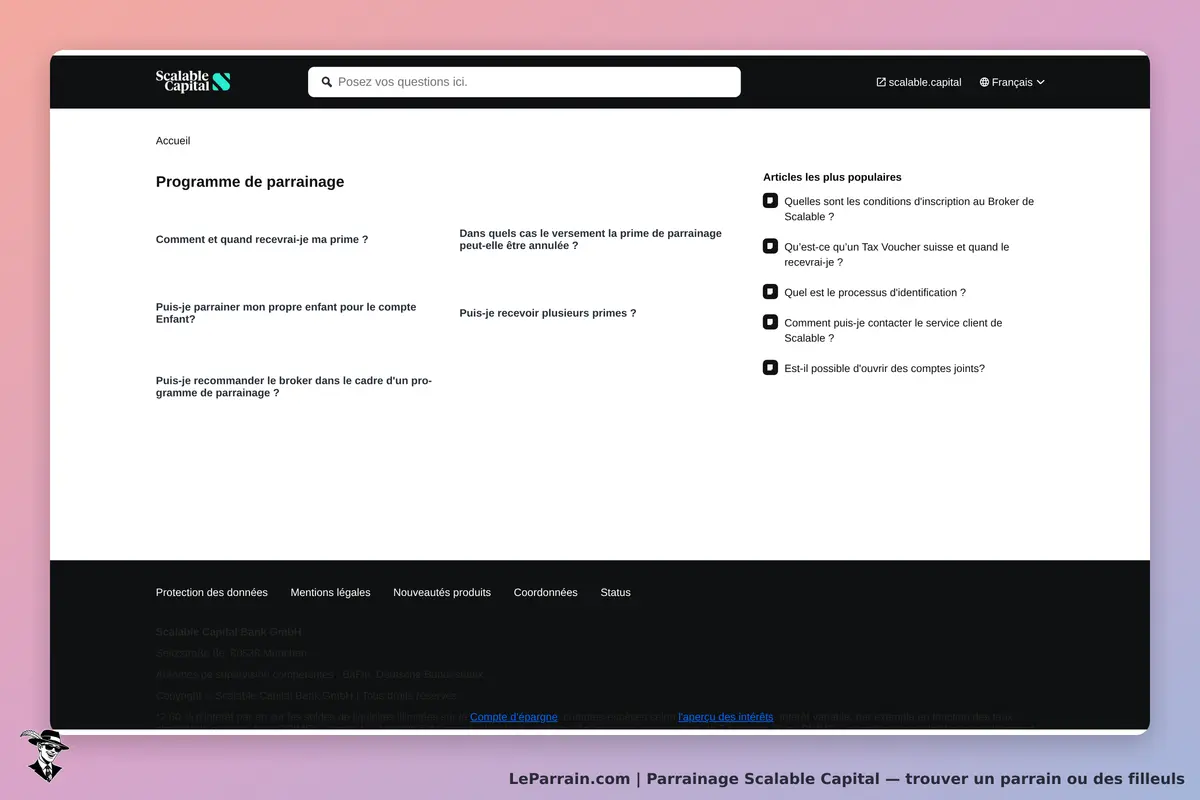 Scalable Capital : page d'accueil sur le programme de parrainage avec FAQ et articles populaires
