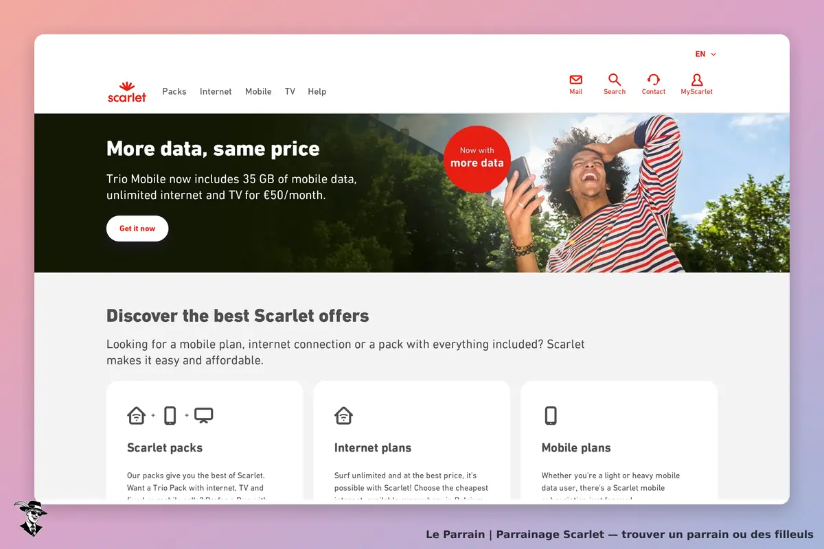 Scarlet : page d'accueil présentant des offres de mobile, internet et TV avec un visuel dynamique