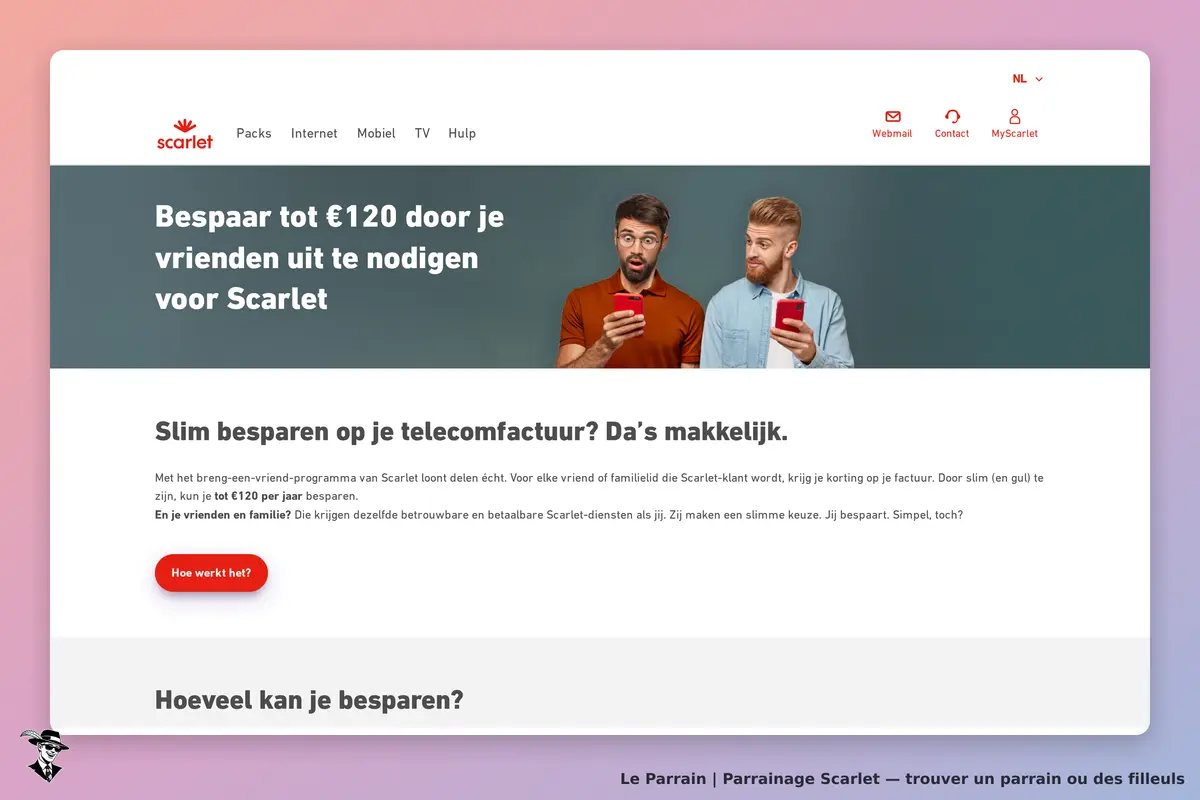 Scarlet : page d'accueil avec deux hommes utilisant des smartphones et texte explicatif