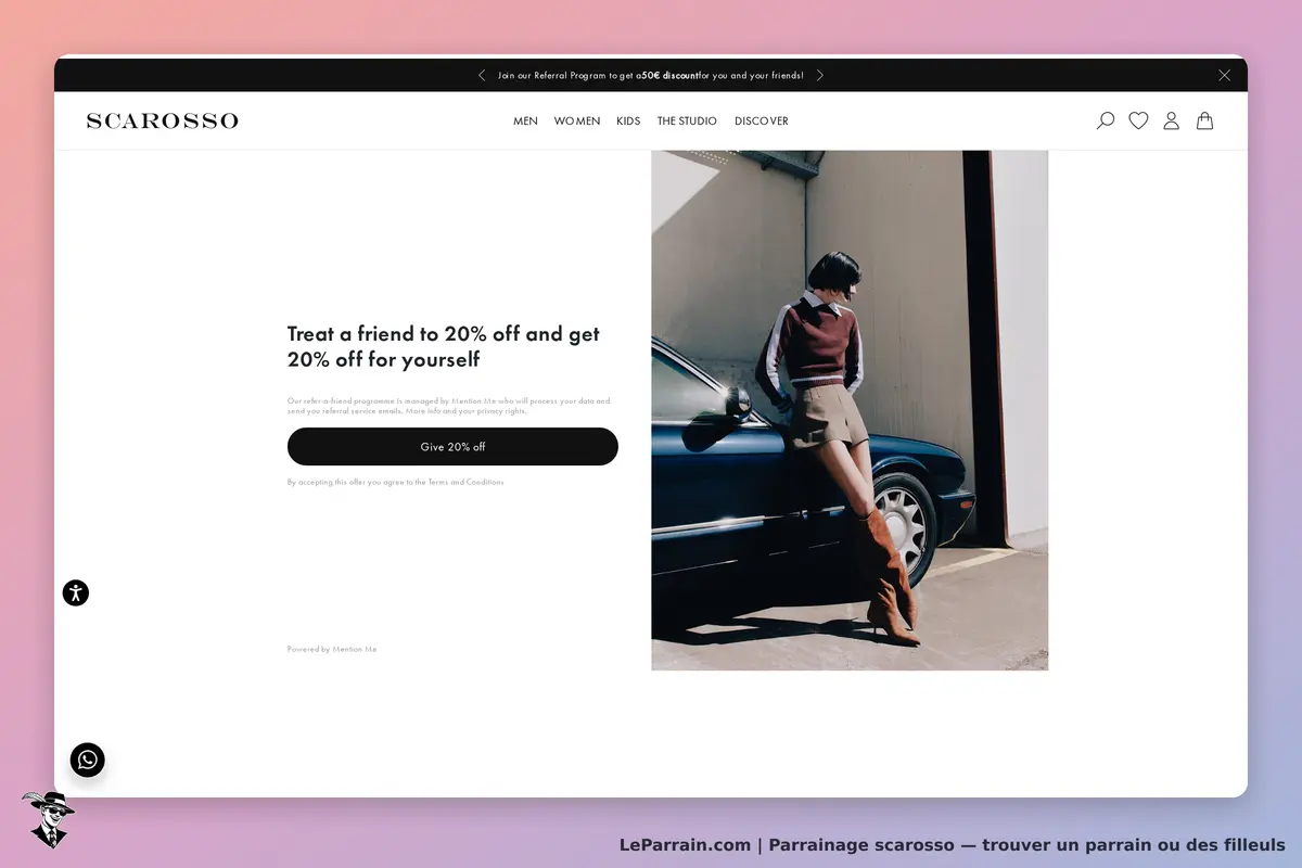 scarosso : page d'accueil présentant un programme de parrainage avec une image de modèle