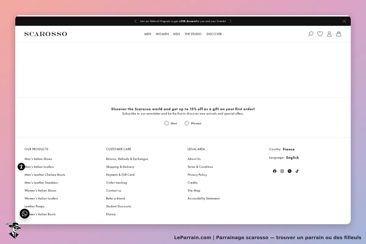SCAROSSO : section inférieure du site avec catégories de produits et informations légales