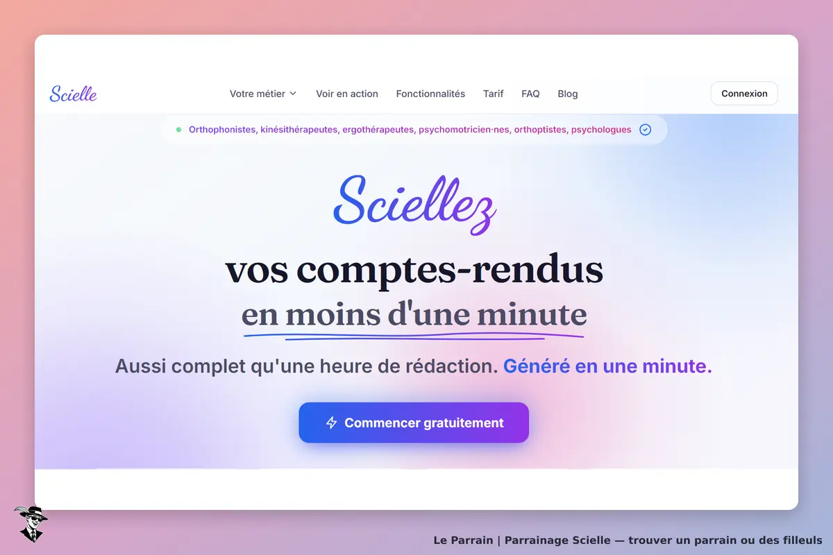 Scielle : page d'accueil présentant un service de génération de comptes-rendus. Bouton visible
