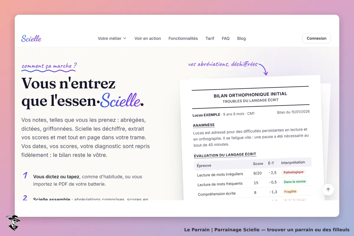 Scielle : page d'accueil présentant un bilan orthophonique initial et des instructions