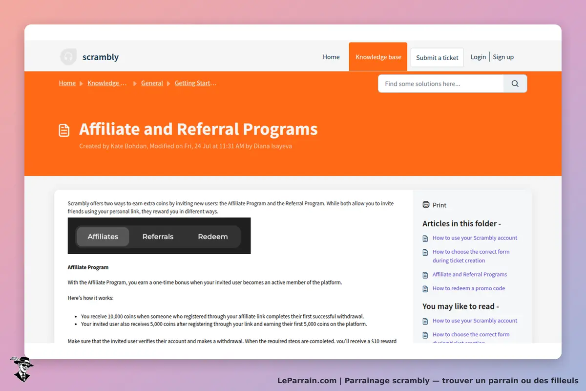 scrambly : page d'accueil sur les programmes d'affiliation et de parrainage avec options de