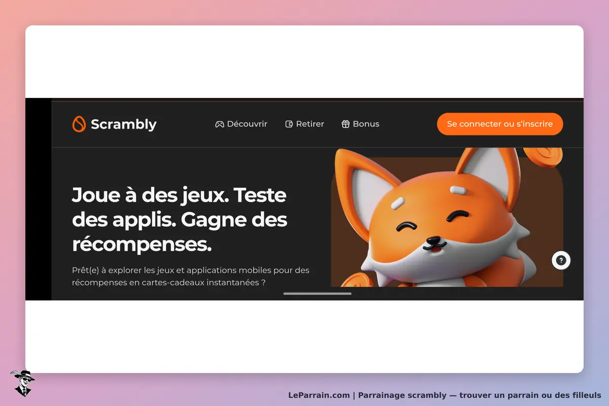 Scrambly : page d'accueil avec un personnage de renard et un slogan sur les jeux et applications