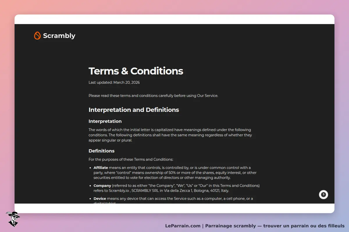 Scrambly : page des termes et conditions avec définitions et interprétations en texte