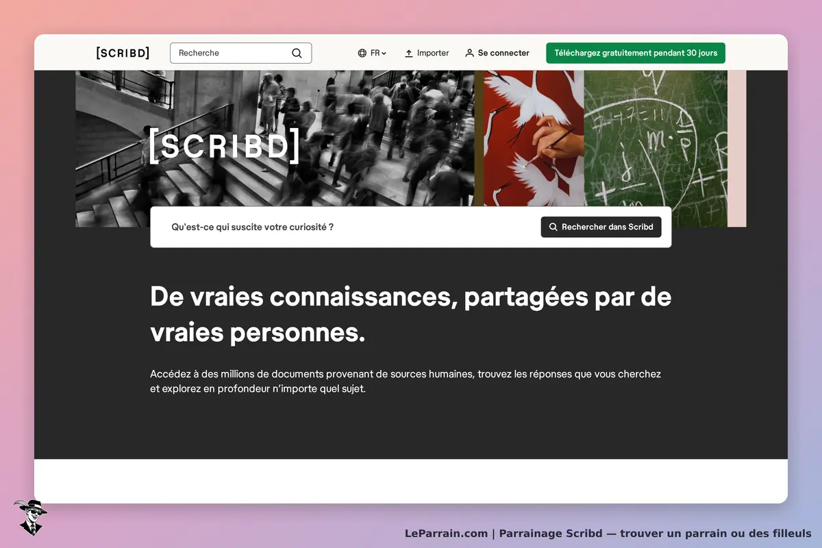 Scribd : page d'accueil avec un champ de recherche et une phrase d'accroche sur les connaissances