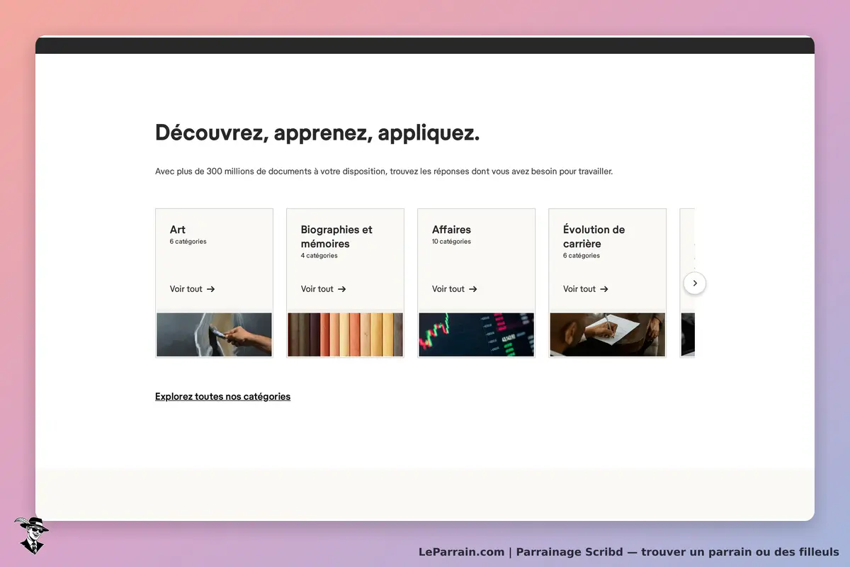 Scribd : page d'accueil avec catégories de documents à explorer et un slogan d'invitation