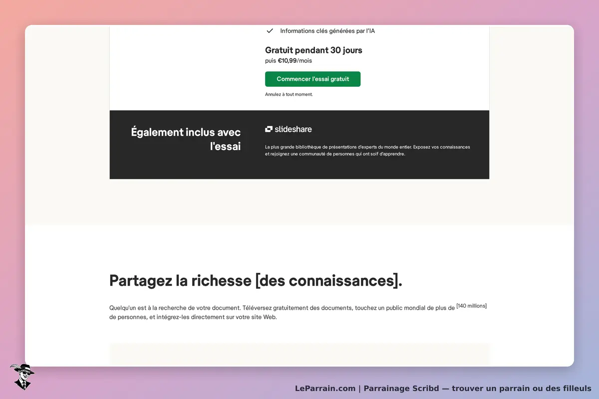 Scribd : page d'accueil avec essai gratuit et informations sur le partage de documents
