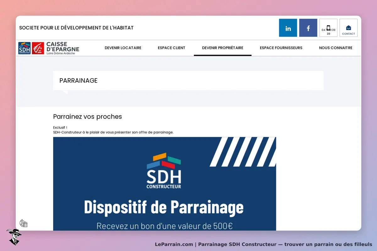 SDH Constructeur : page d'accueil avec section sur le parrainage et un visuel explicatif