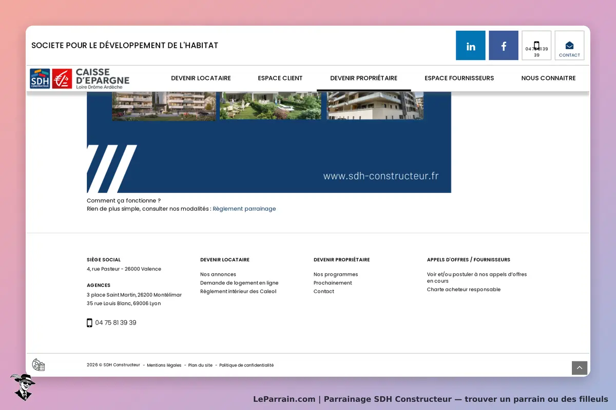 SDH Constructeur : pied de page avec informations de contact et liens vers différents espaces