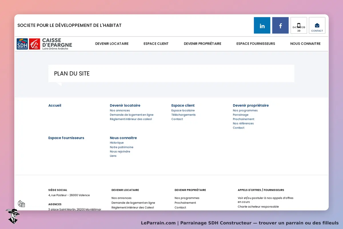 SDH Constructeur : menu de navigation avec sections et informations sur l'habitat et services