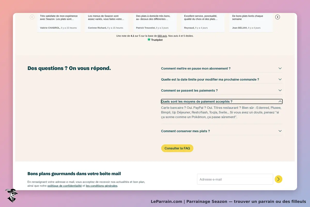 Seazon : section FAQ avec questions fréquentes et option d'inscription à la newsletter