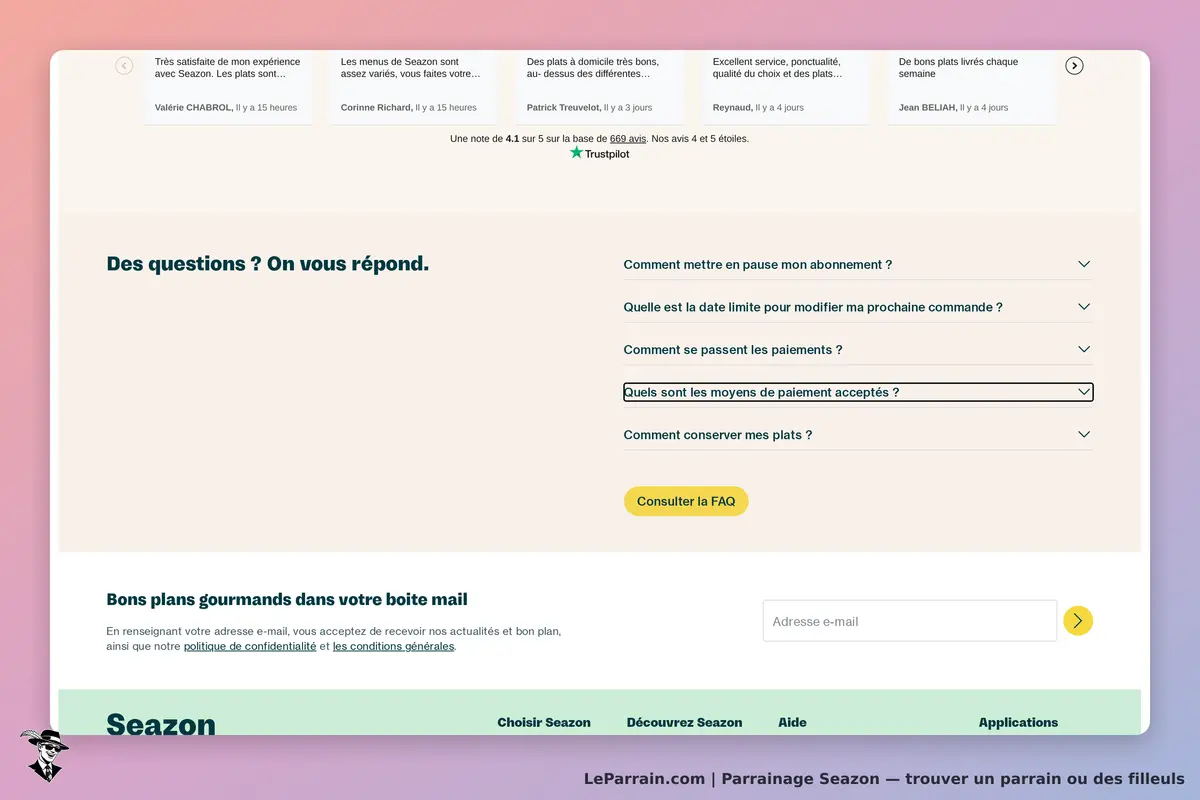 Seazon : section FAQ avec questions fréquentes et inscription à la newsletter