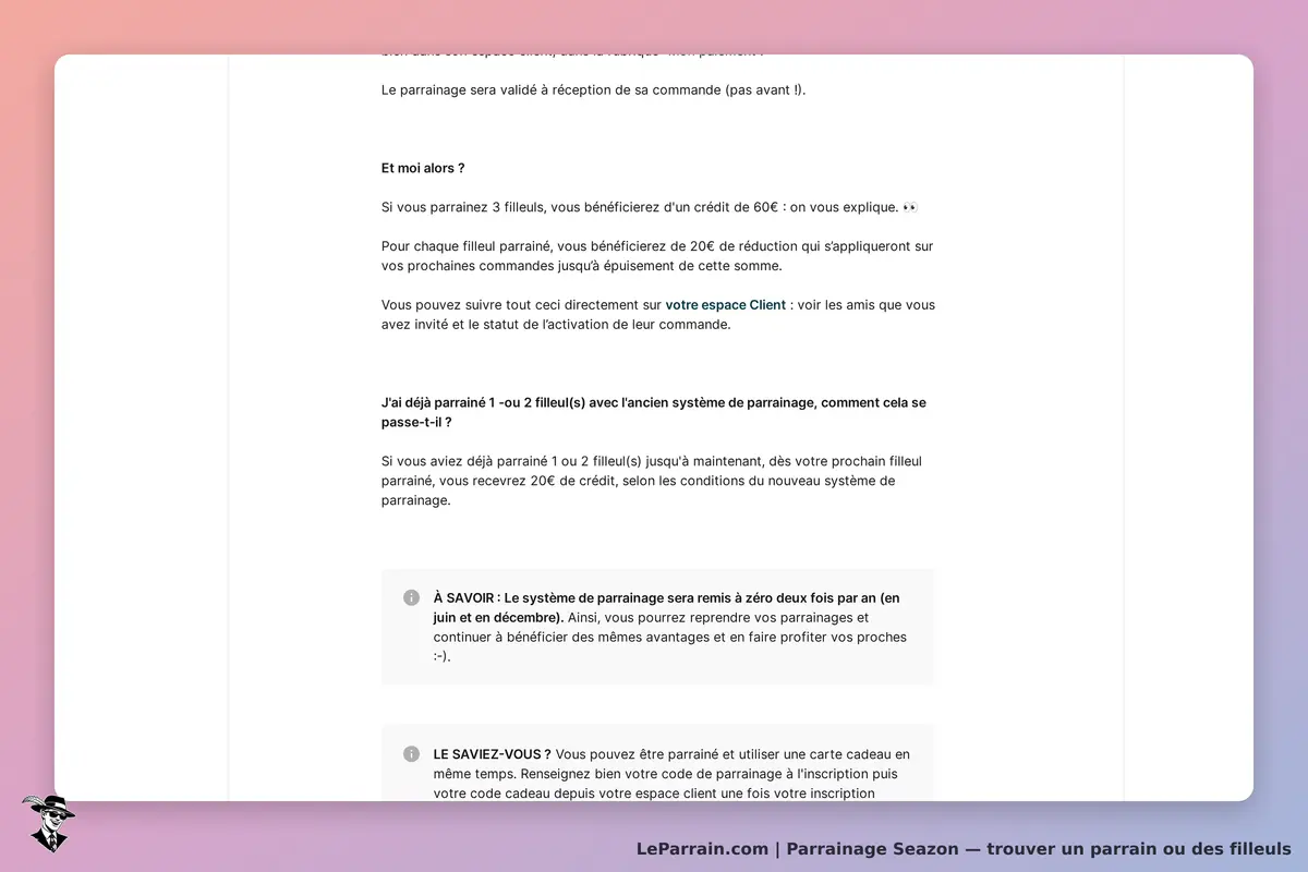 Seazon : informations sur le parrainage et suivi des filleuls dans l'espace Client
