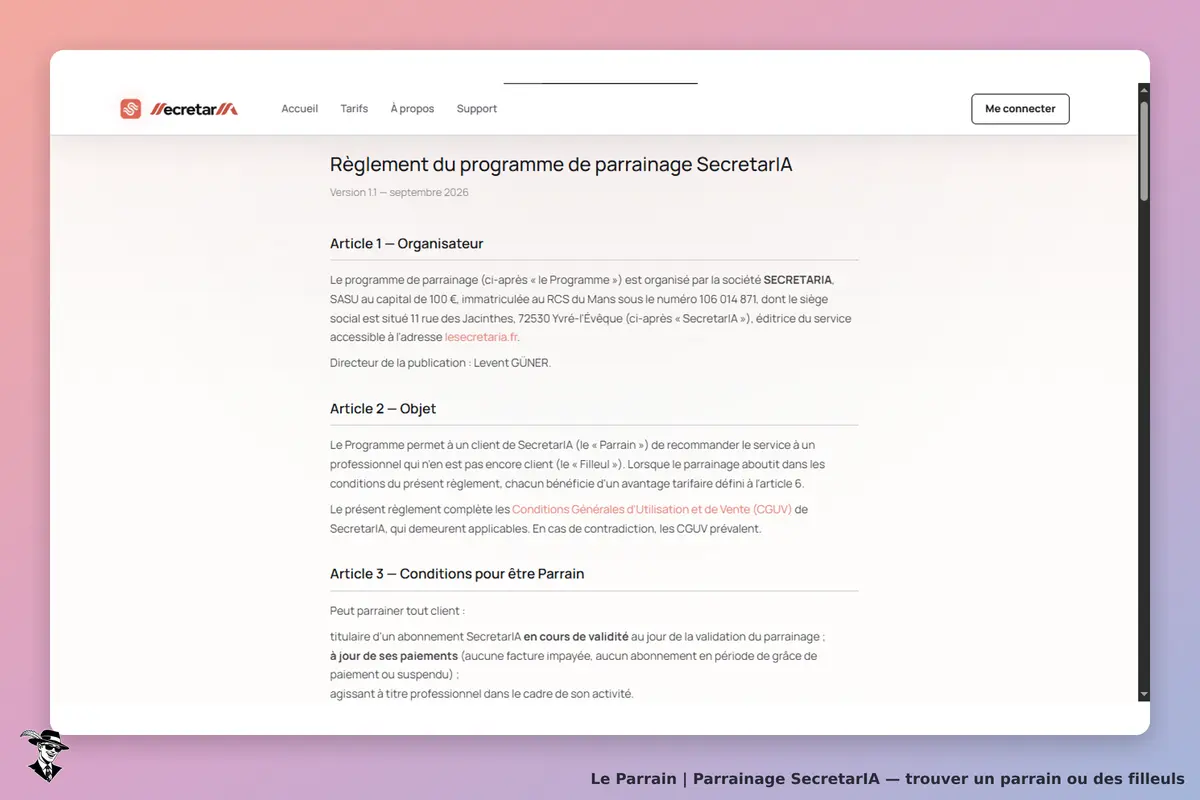 SecretarIA : règlement du programme de parrainage avec articles et conditions affichés