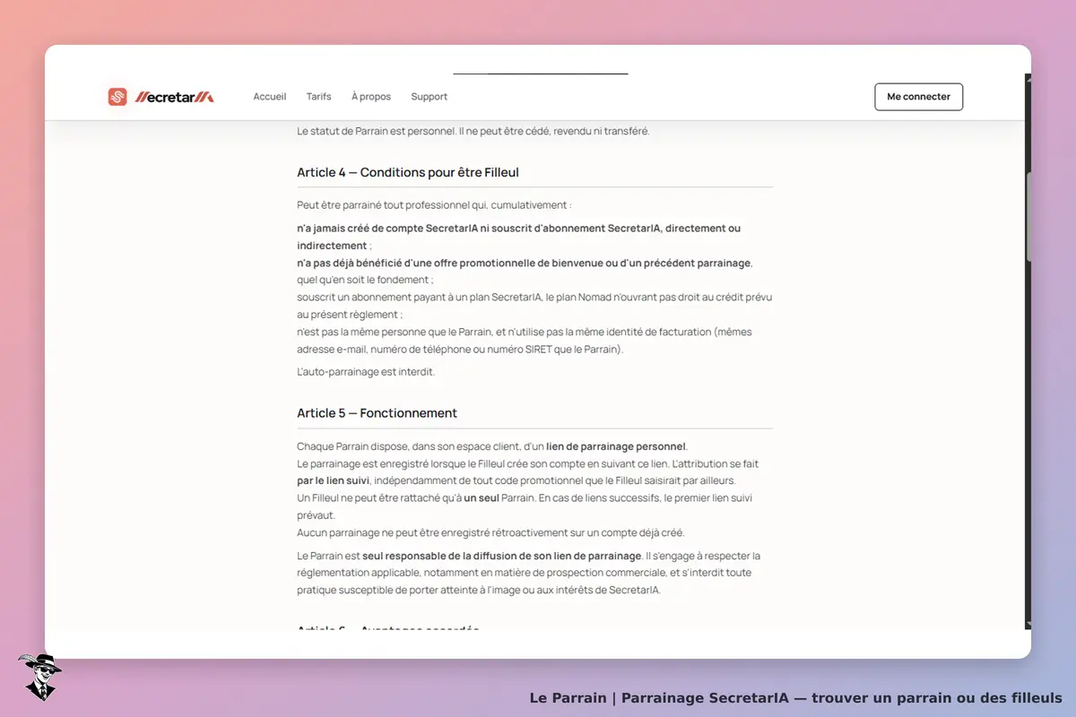 SecretarIA : conditions et fonctionnement du parrainage sur la page d'accueil