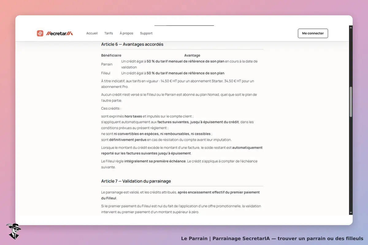 SecretarIA : texte de conditions sur les avantages et la validation du parrainage