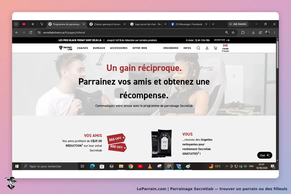 Secretlab : page d'accueil avec message sur le parrainage et images de personnes et produits