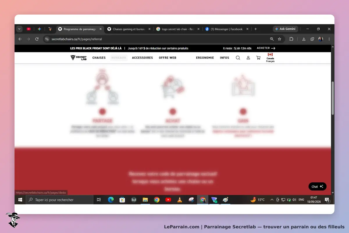 Secretlab : page d'accueil avec sections sur le partage, l'achat et le gain
