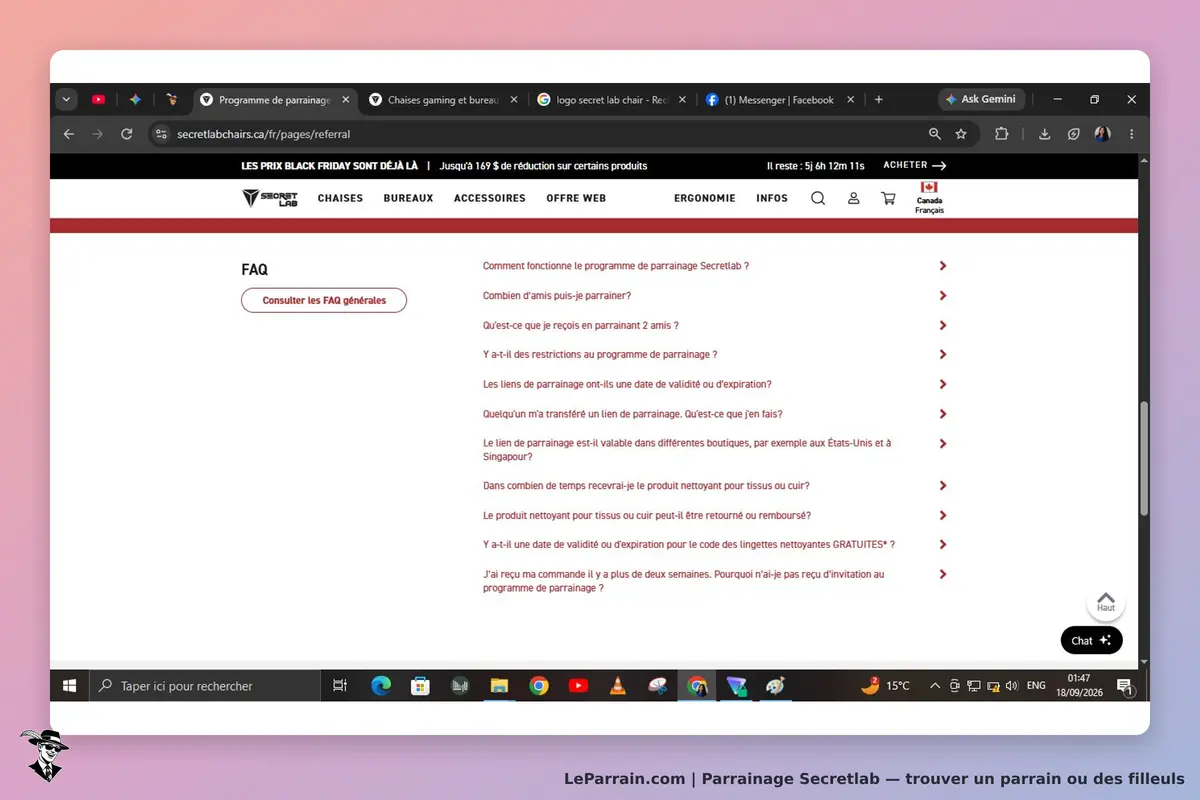 Secretlab : page FAQ avec questions sur le programme de parrainage et lien vers les FAQ générales