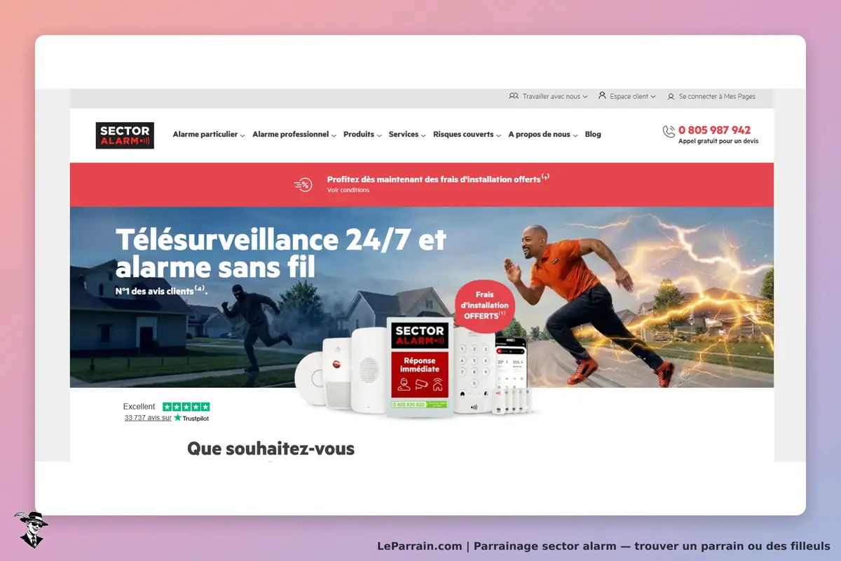 Sector Alarm : page d'accueil présentant des systèmes de télésurveillance et alarmes sans fil