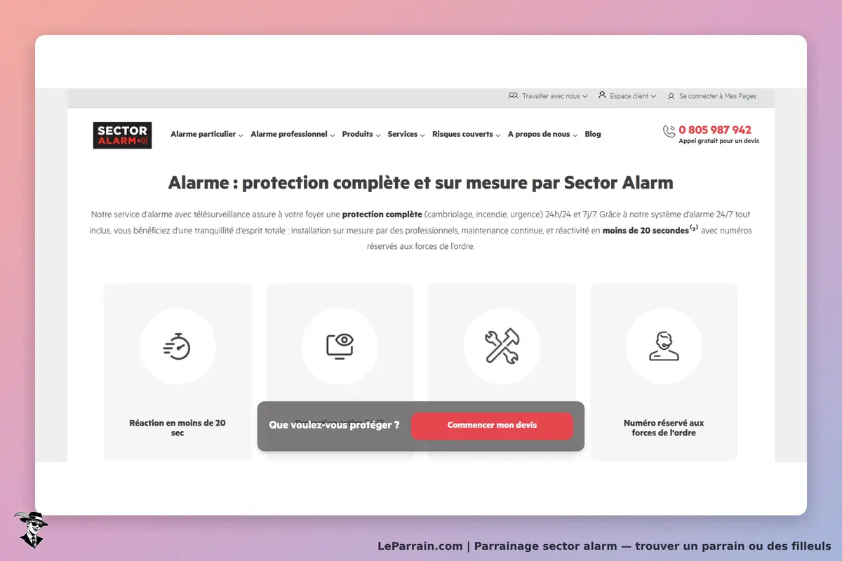 Sector Alarm : page d'accueil présentant des services d'alarme et un bouton pour commencer un devis