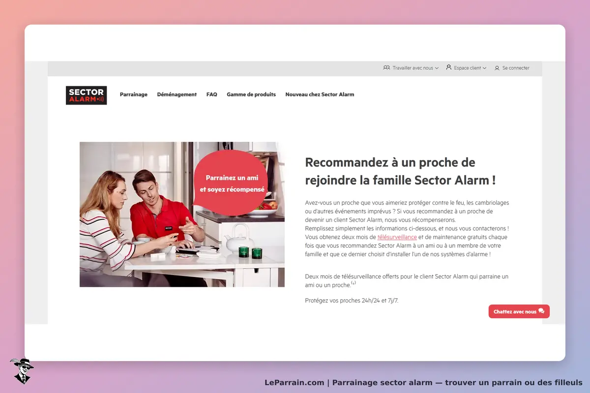 Sector Alarm : page d'accueil avec un homme et une femme discutant autour d'une table
