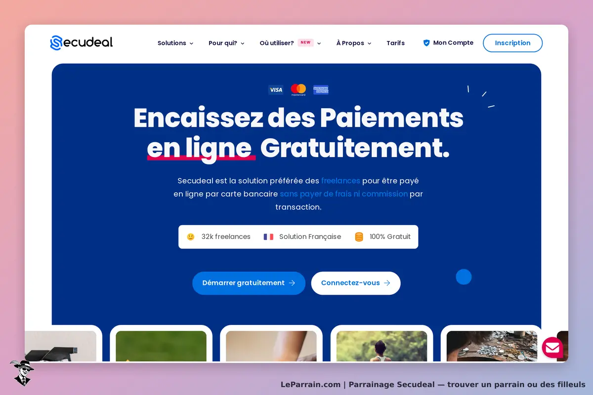 Secudeal : page d'accueil avec un message sur les paiements en ligne et des boutons d'action