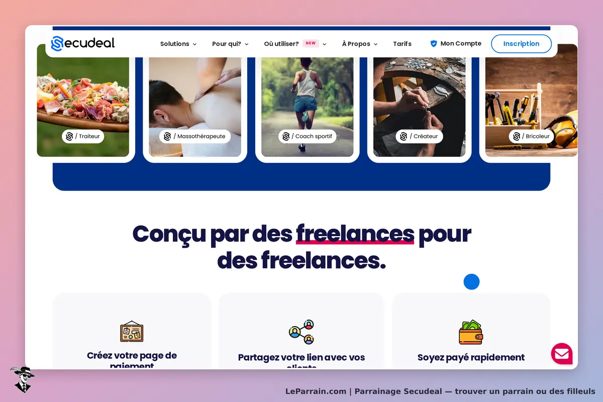 Secudeal : page d'accueil avec catégories de services et inscription en haut à droite