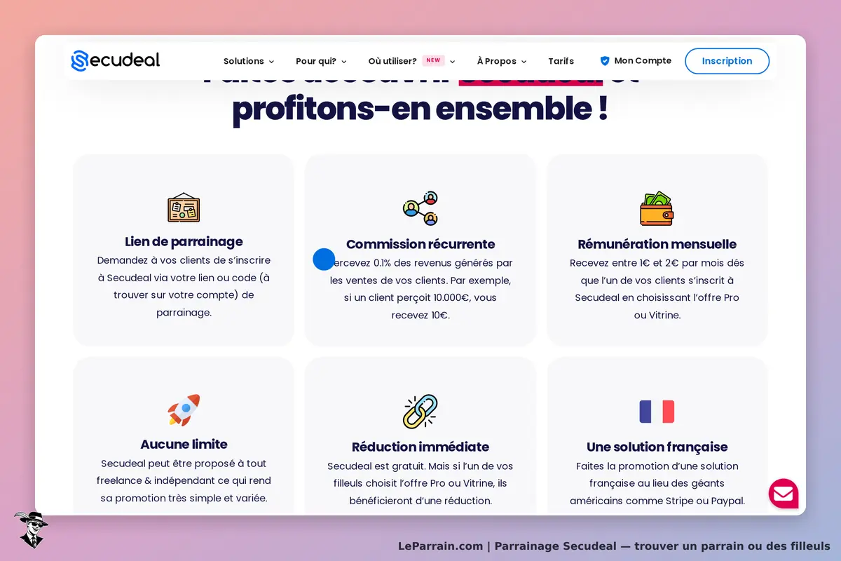 Secudeal : présentation des avantages du programme de parrainage sur la page d'accueil